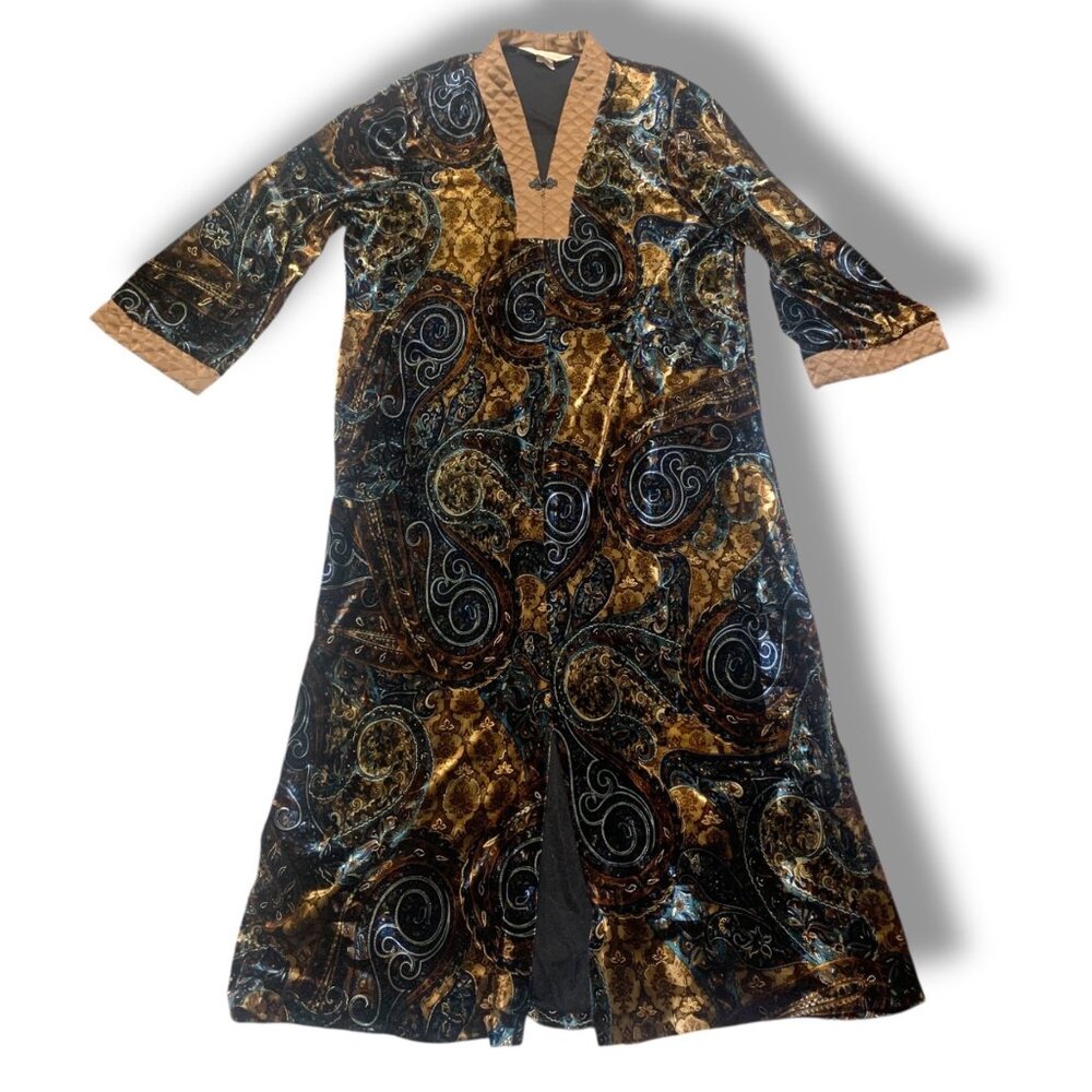 VTG Diamond Tea‎ Loungewear Caftan Dress Velvet Quilted Blk Gold L Retro Atomic